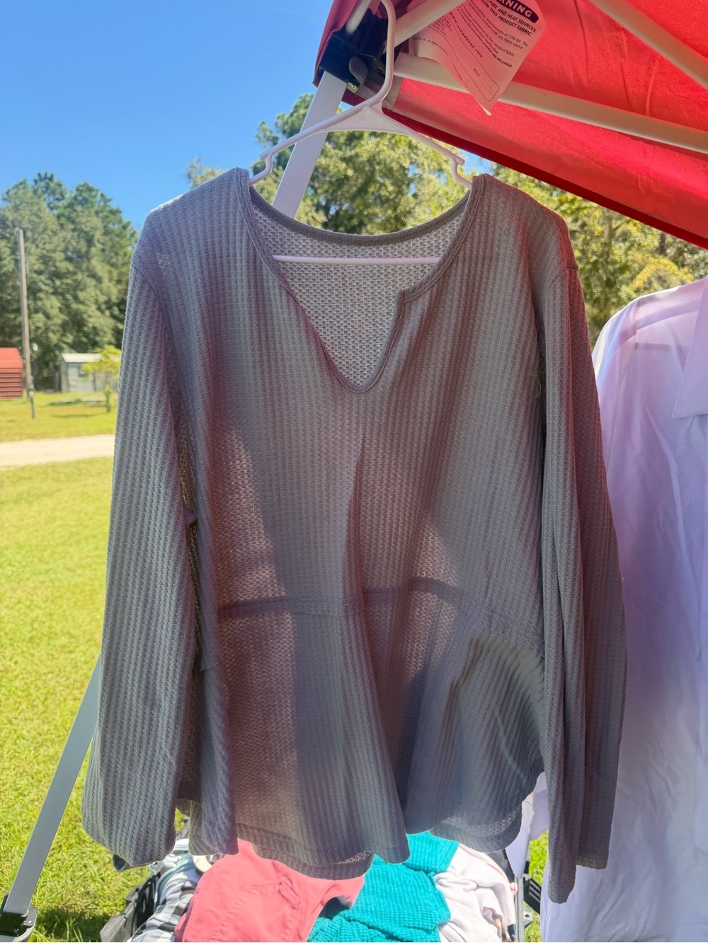 Waffle-Knit Long Sleeve V-Notch Top - Gray